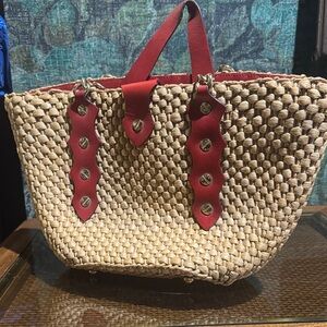 Michael Kors Natural Woven Tote with Red Leather Trim